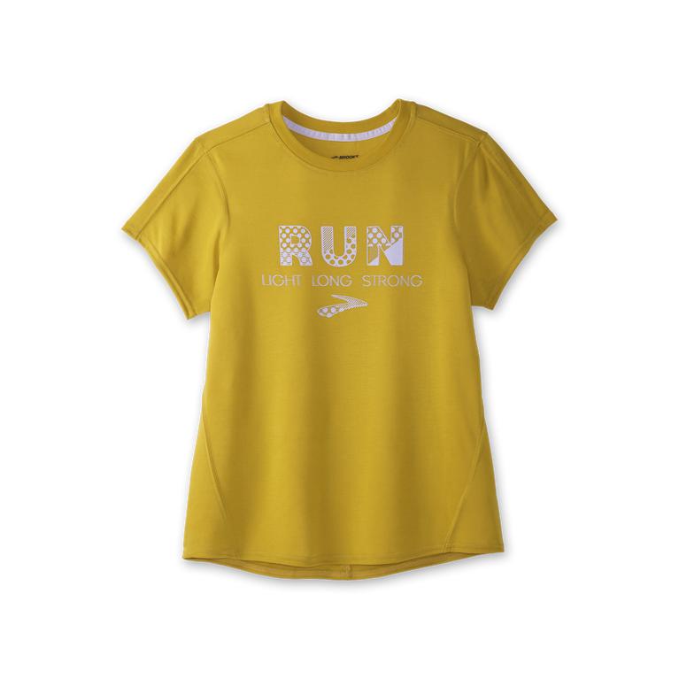 Brooks Distance Graphic Women's Short Sleeve Running Shirt - Heather Golden Hour/Run/grey (97034-WTO